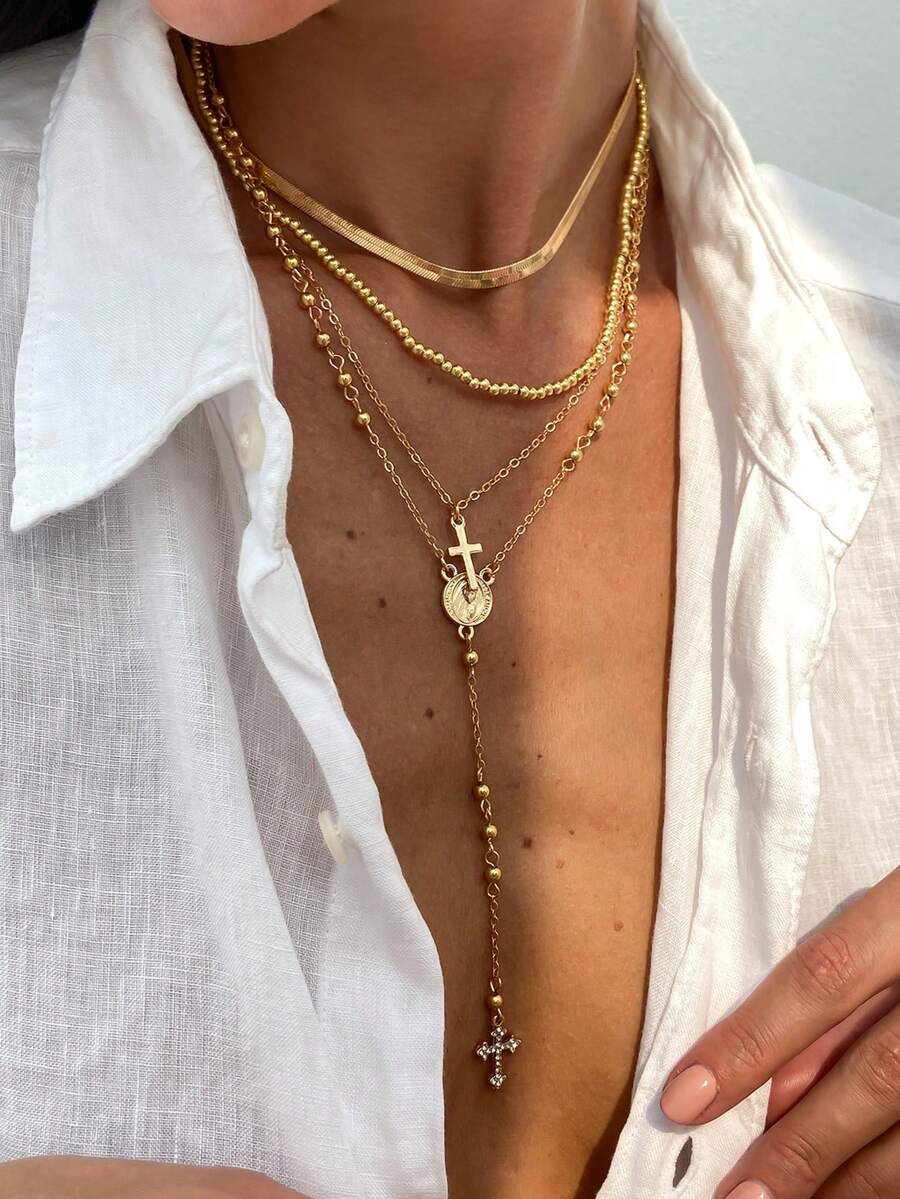 Layered Necklace Set - 4pcs Boho Layered Beaded Cross Virgin