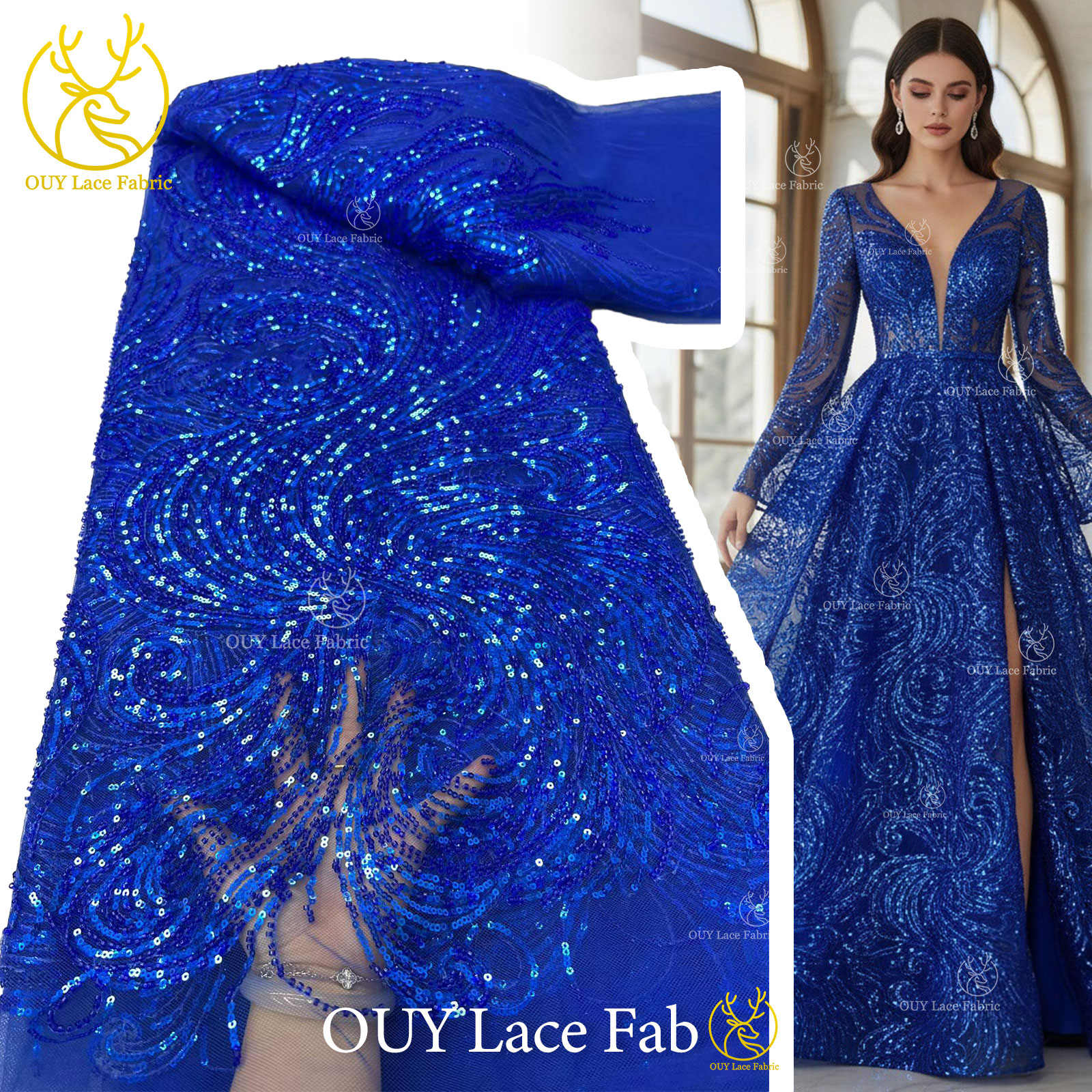 Women'S African Accessories - Royal Blue Beaded Sequins Lace Fabric