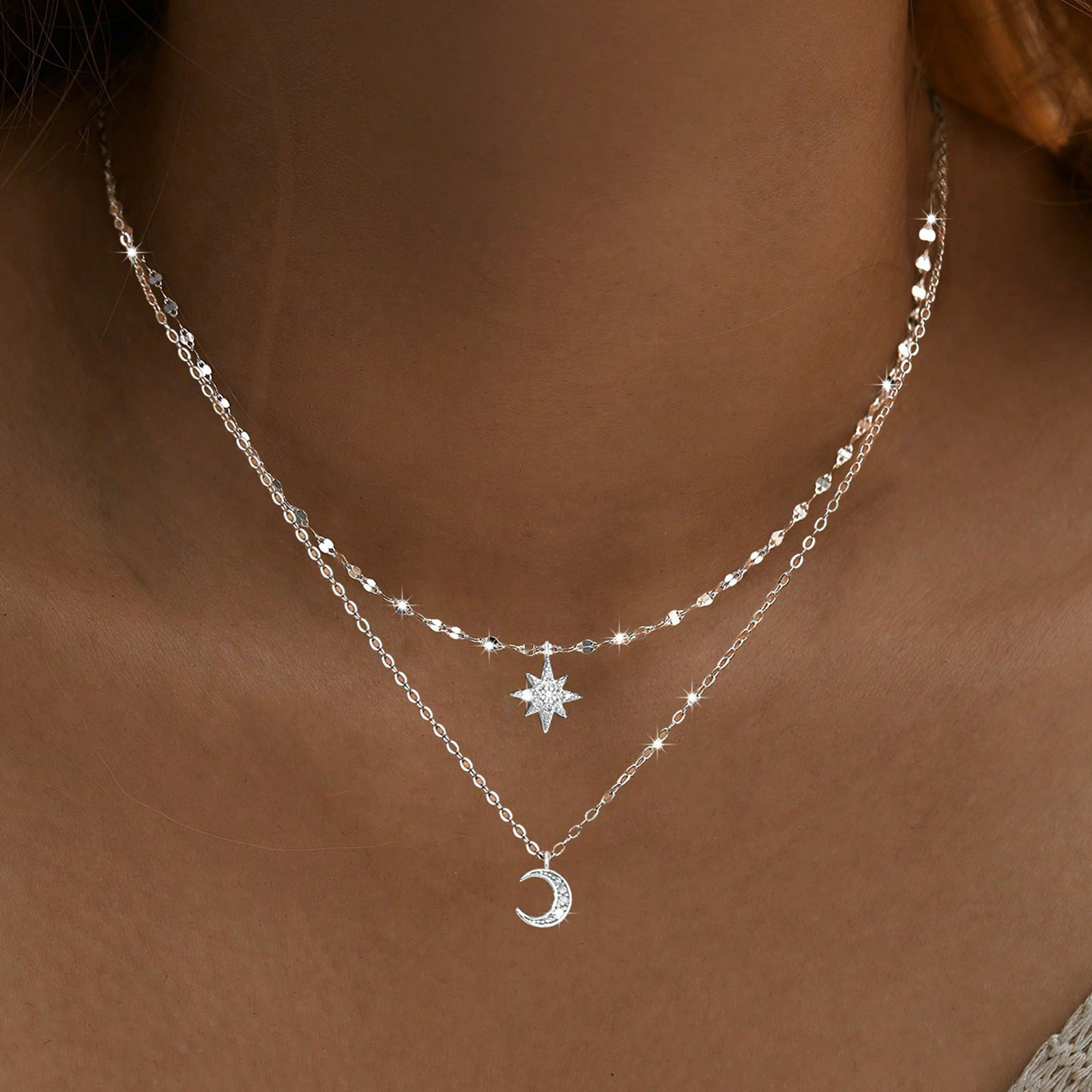 925 sterling silver moon Doubl - Layered Necklace Set recension och pris