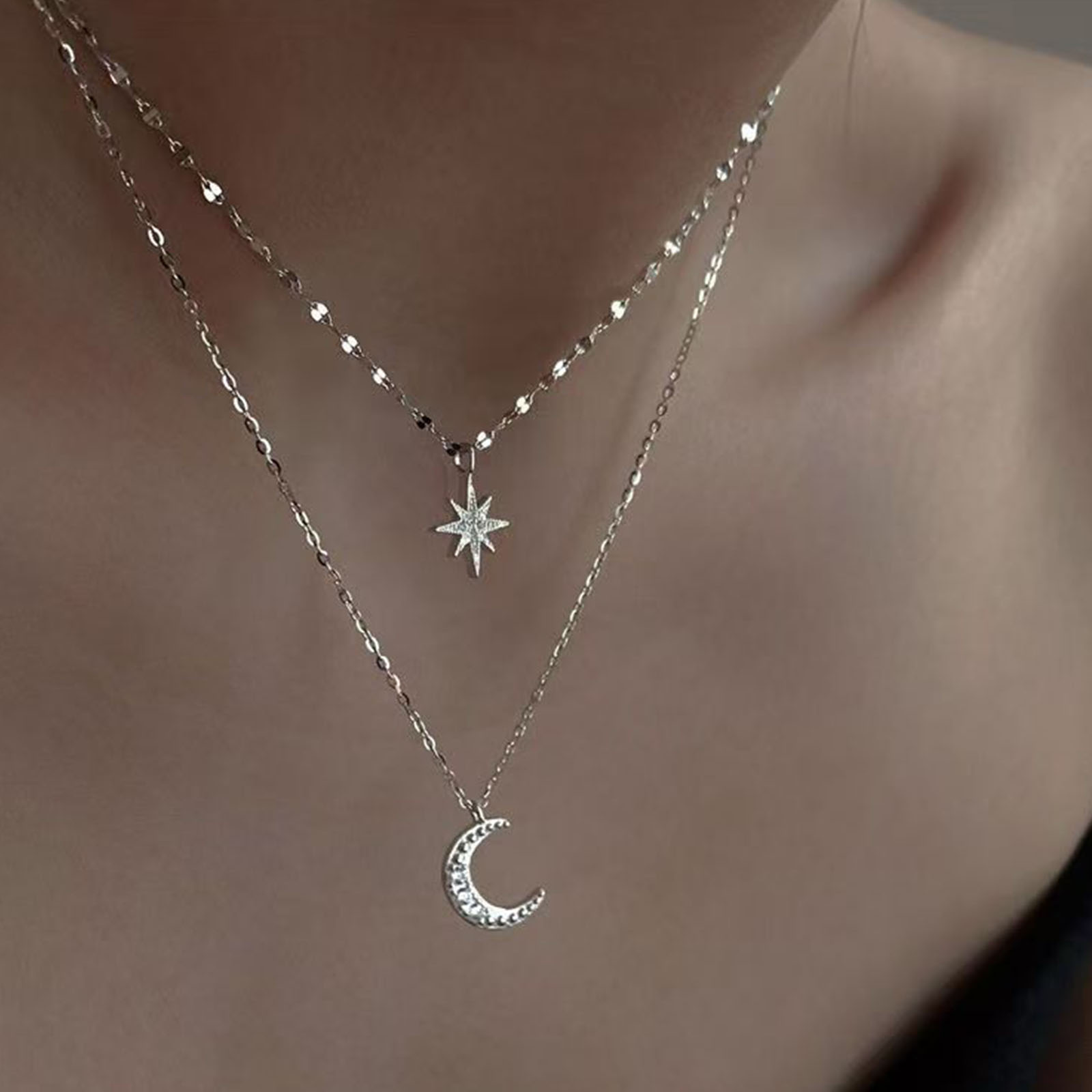 925 sterling silver moon Doubl - Layered Necklace Set recension och pris